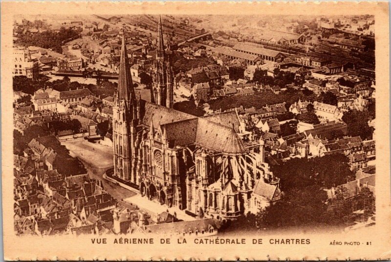 Aerial view Chartres Cathedral France vtg postcard