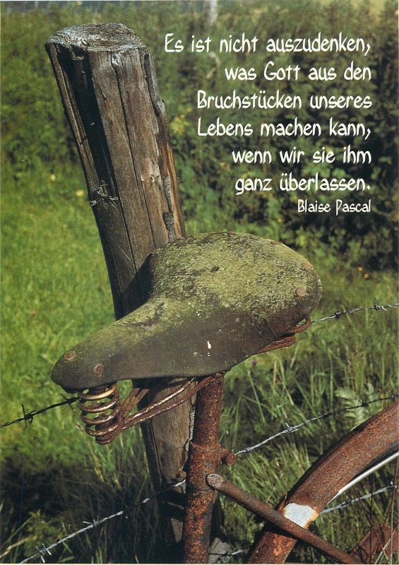 Postcard commercial ad old bicycle rusted on a post Germany Blaise Pascal
