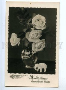 215716 BIRTHDAY White Flowers HAPPY ELEPHANT Vintage Photo