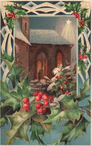 Vintage Postcard 1908 Gallery Spring Church & Hollyleaf Easter Greetings Card