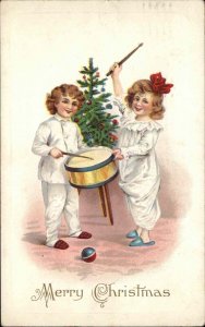 Christmas Children Play Drums Embossed Stecher c1910s Postcard