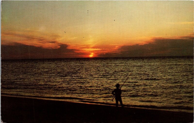 Bass Fisherman Beach Sunset Cape Cod Massachusetts MA Postcard UNP VTG Unused 