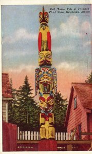 Postcard View of Totem Pole of Thlinget Chief Kian in Ketchikan, AK.      S6