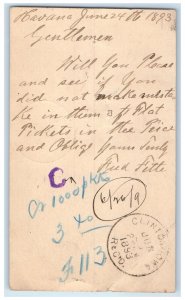 1893 Flat Tickets Letter Clinton Iowa IA Havana IL Antique Postal Card