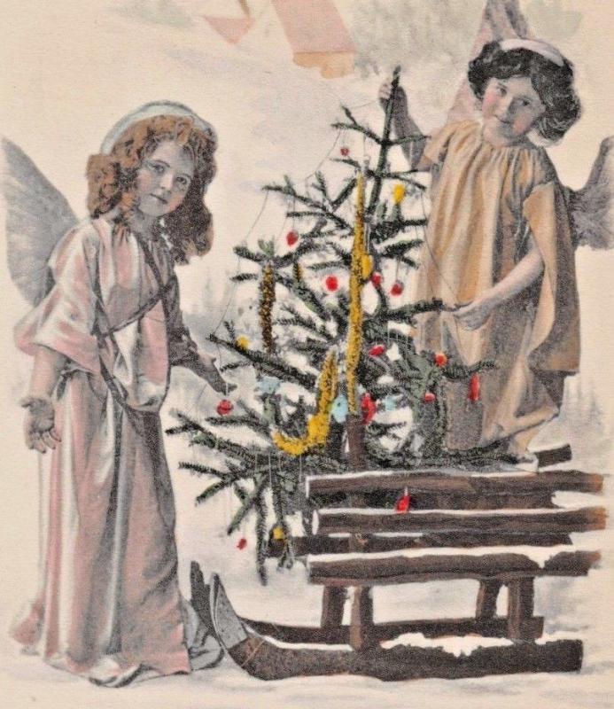 YOUNG ANGELS & TREE IN HOMEMADE SLED~CHRISTMAS GREETINGS POSTCARD 1912 PSTMK