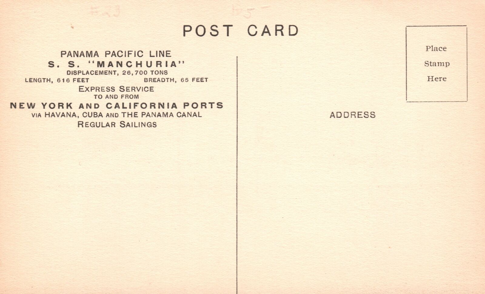 Vintage Postcard 1910's Panama Pacific Liner S.S. Manchuria Regular