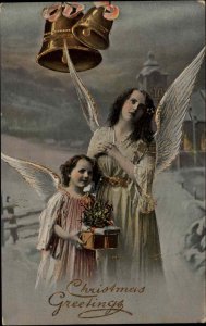 Christmas Beautiful Woman Angel and Little Girl Angel c1910 Vintage Postcard