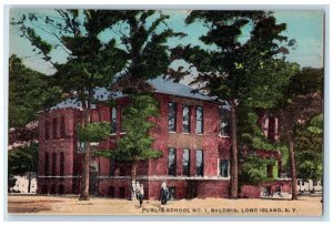 Public School No. 1 Building Street View Baldwin Long Island NY Vintage Postcard 