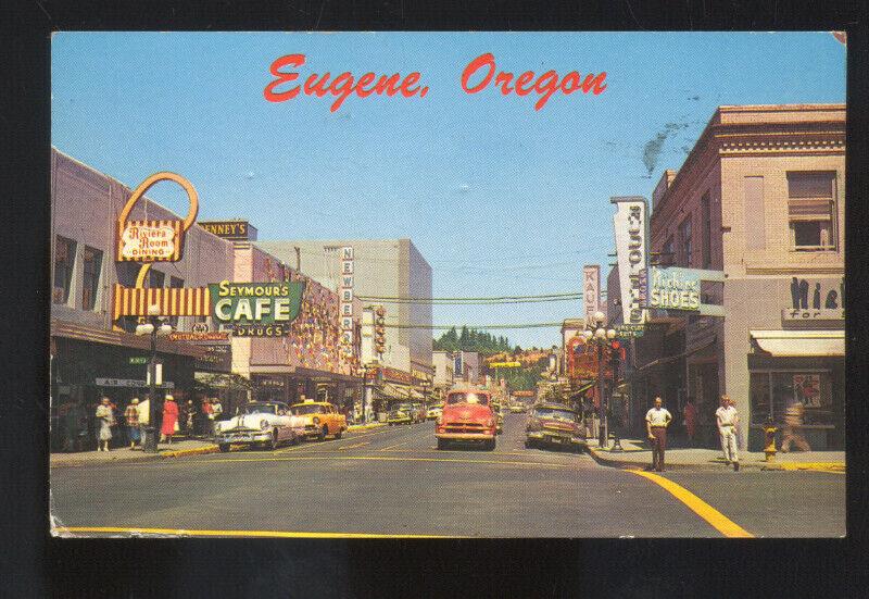 EUGENE OREGON DOWNTOWN STREET SCENE 1950's CARS VINTAGE POSTCARD STORES