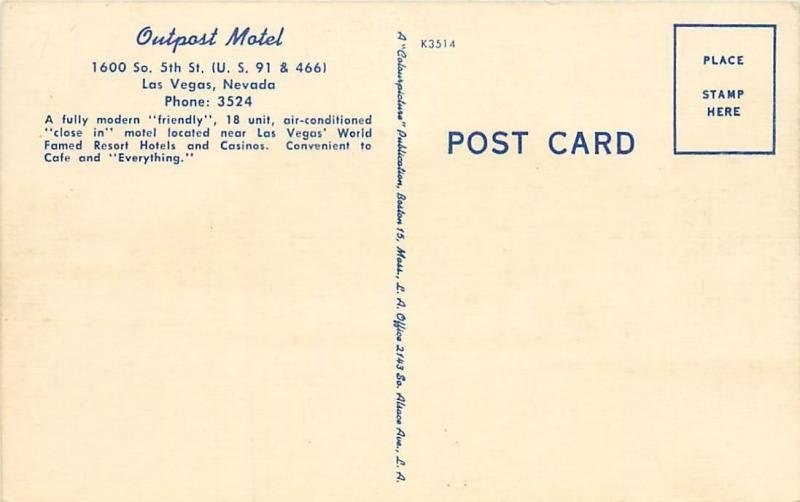 LAS VEGAS, Nevada  NV    OUTPOST MOTEL  Roadside Linen ca 1940s    Postcard