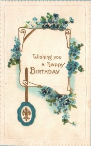 Vintage Postcard Wishing You A Happy Birthday Brunnera Flowers Embossed Border