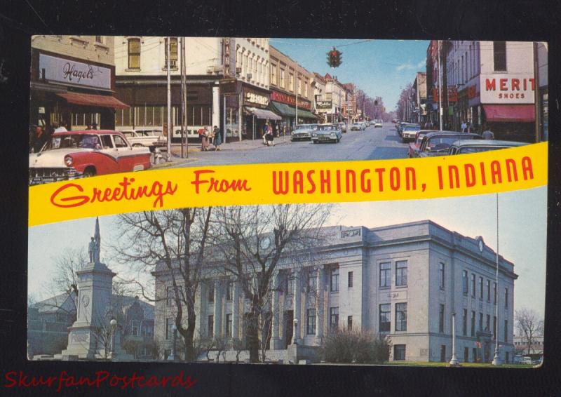 WASHINGTON INDIANA DOWNTOWN STREET SCENE 1950's CARS VINTAGE POSTCARD