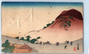 Japan Postcard Mountain Nipa House Woodblock Print Art c1910 Antique Posted