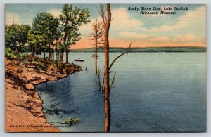 Arkansas Missouri~Lake Norfork~Rocky Shore Line View~Boat~Linen 1953 Postcard