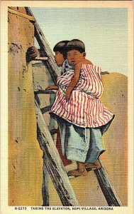 Taking The Elevator Hopi Village Vintage Fred Harvey Postcard Standard View Card 