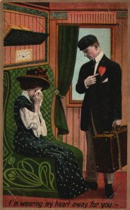 Vintage Postcard 1909 Lovers Couple Farewell Man Wearing A Heart Away For Her