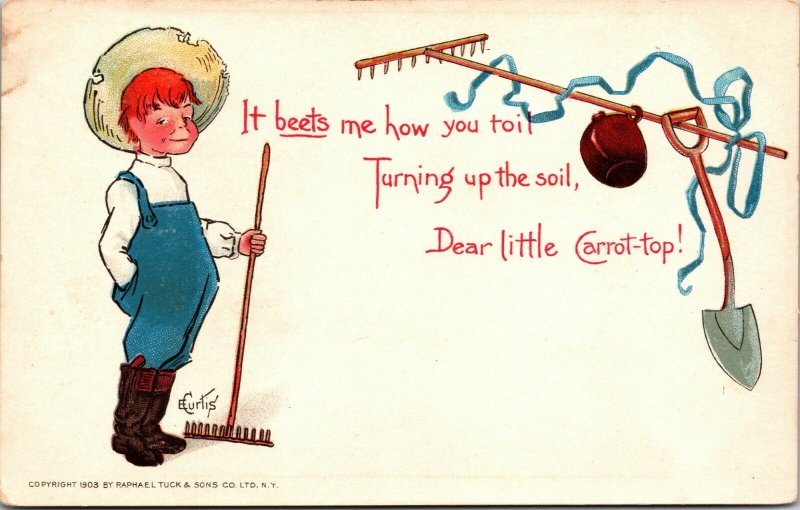 1903 TUCK POSTCARD IT BEETS ME HOW YOU TOIL TURNING UP SOIL,DEAR CARROT TOP