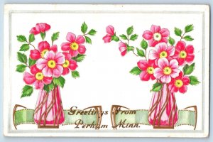 Perham Minnesota MN Postcard Greetings Flower Vase Embossed 1908 Vintage Antique