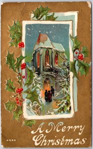 1909 A Merry Christmas Landscape Castle By Night Green Leaves Posted Postcard