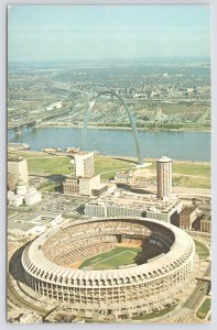 State View~St Louis MO~Aerial~Gateway Arch & Stadium~Eads Bridge~River~Vtg PC