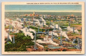 Oklahoma City OK~Aerial North Capitol Oil Field~City Bkgd~1936 Linen Postcard