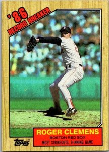 1987 Topps Baseball Card '86 Record Breaker Roger Clemens Boston Red Sox...