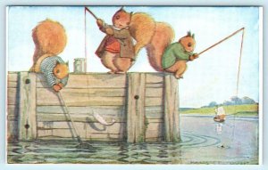 MARGARET TEMPEST Artist Signed FISHING Dressed Squirrels ~ Medici Postcard