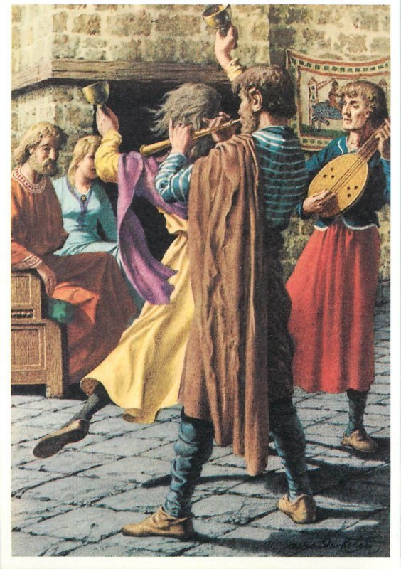 Trade card Europe in Middle Age street musicians