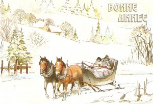 Horses pulling sledge cart in snow landscape  Nice French Greetings PC. Contin