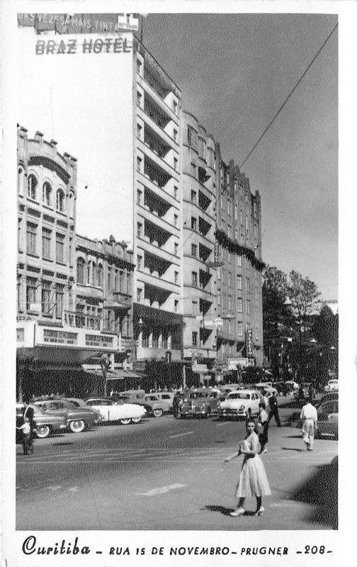 #208. Curitiba Brazil Rua 15 de Novembro Real Photo Postcard. Old Cars. Hotel