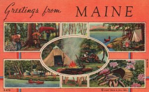 Vintage Postcard 1954 Greetings From Maine Camping Fishing Boating Adventures