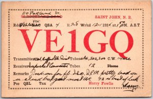 1935 QSL Radio Card VE1GQ Saint John N.B. Amateur Radio Station Posted Postcard