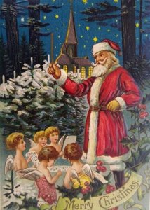 Santa Claus Cherub Angels Children Christmas Postcard Germany Embossed Fantastic