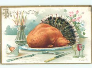 Pre-Linen Thanksgiving signed COOKED TURKEY BIRD ON PLATTER AB4377