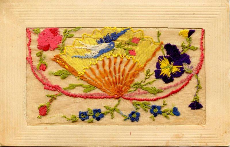 Embroidered Silk with Flap (Message Pocket) - Fan, Flowers, Bird