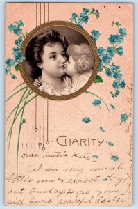 1907 Charity Mother And Baby Kissing Blue Flowers PFB Embossed Antique Postcard