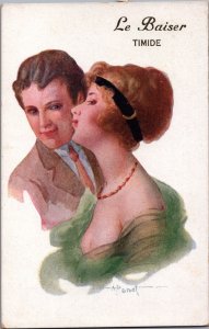 Romantic Couple Le Baiser Timide Vintage Postcard C110