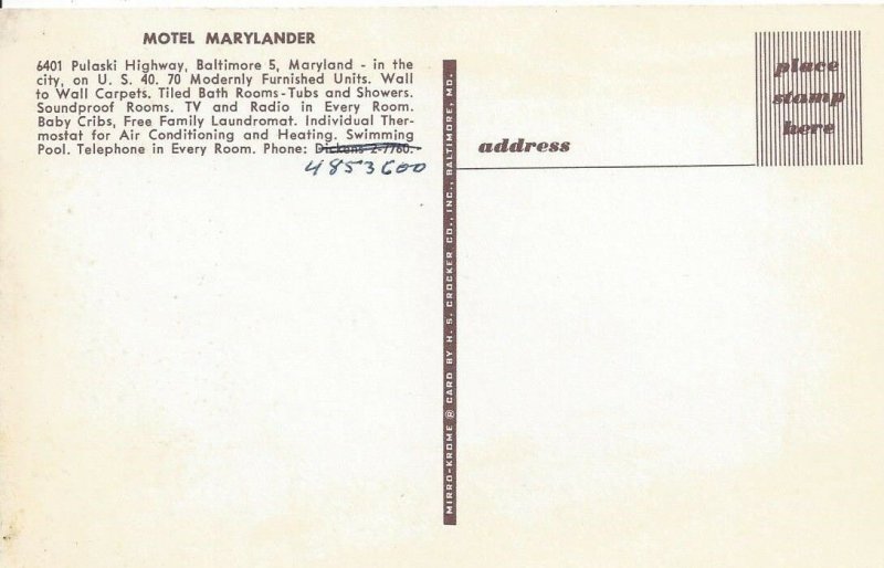 Motel Marylander, Baltimore 5, Maryland Vintage Postcard  