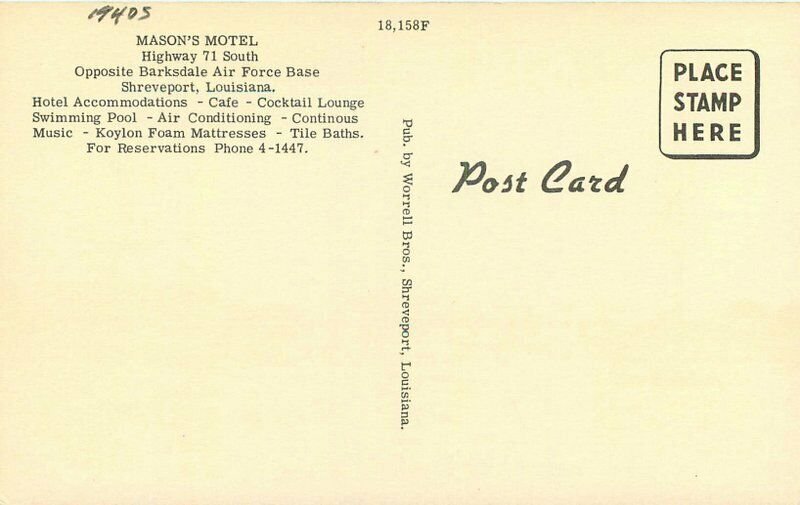 1940s Mason's Motel roadside Shreveport Louisiana Worrell Postcard 20-6097