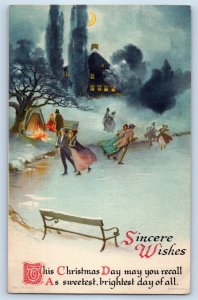 1923 Christmas Couples Ice Skating Winter Scene Wolf Sandusky Ohio OH Postcard