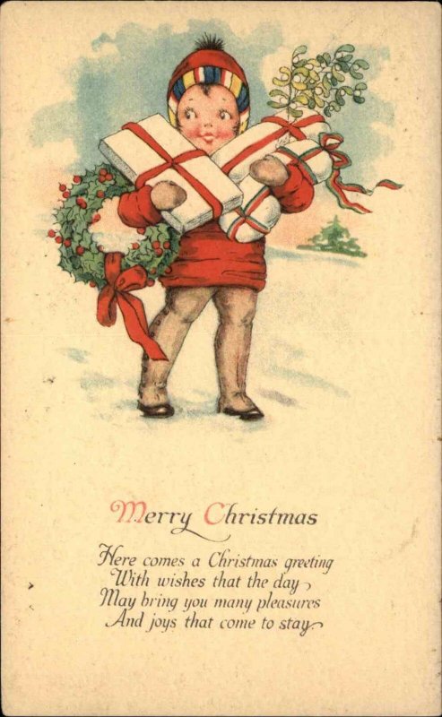 Christmas - Little Boy Armful of Presents Gifts c1915 Postcard