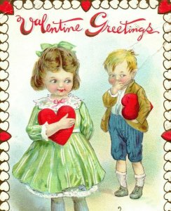 C.1910 Cute Kids Holding Hearts Valentine Gilt Embossed Vintage Postcard P78