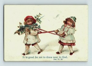 1880's-90's Victorian Religious Card Two Adorable Girls Winter Coats P158