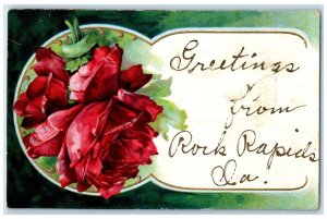 1909 Greetings From Flower Roses Rock Rapids Iowa Embossed Vintage IA Postcard