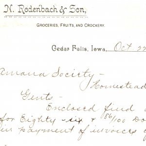 1888 Cedar Falls, Iowa Rodenbach Grocery Store Letterhead Amana Homestead, IA R1