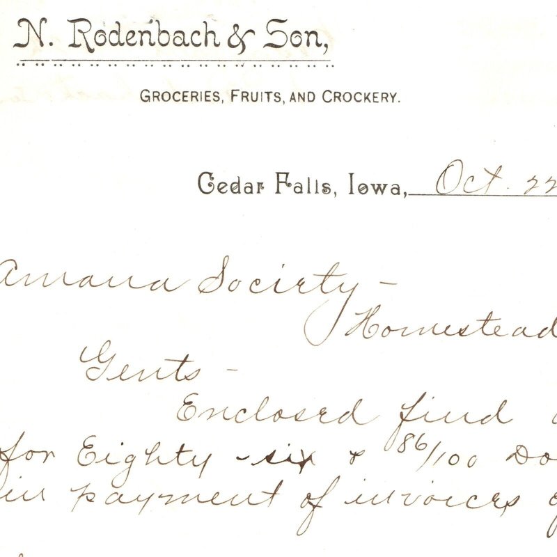 1888 Cedar Falls, Iowa Rodenbach Grocery Store Letterhead Amana Homestead, IA R1