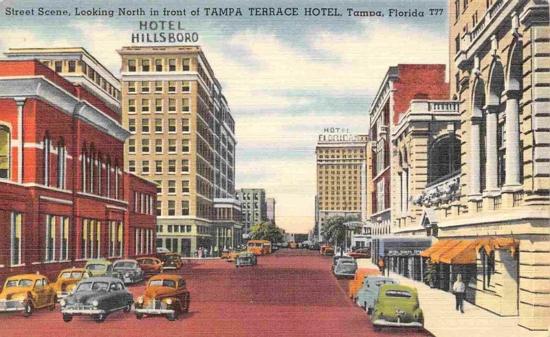 Street Scene Cars Tampa Terrace Hotel Tampa Florida linen postcard