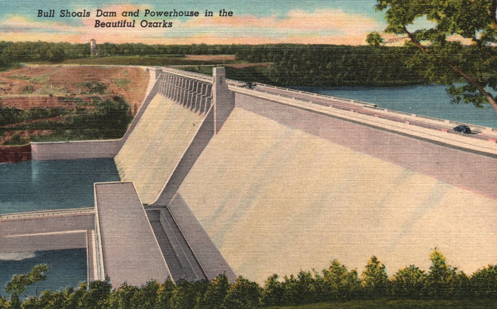 Vintage Postcard Bull Shoals Dam and Powerhouse in the Beautiful Ozarks