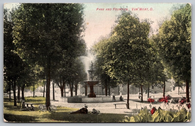 Park Fountain Van Wert Wob Note 1909 Postcard