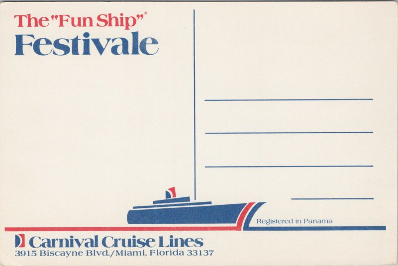 The Fun Ship 'Festivale' Carnival Cruise Lines Ship Boat Unused Postcard C5